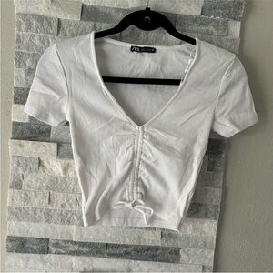 ZARA White V-Neck Ruched Crop Top